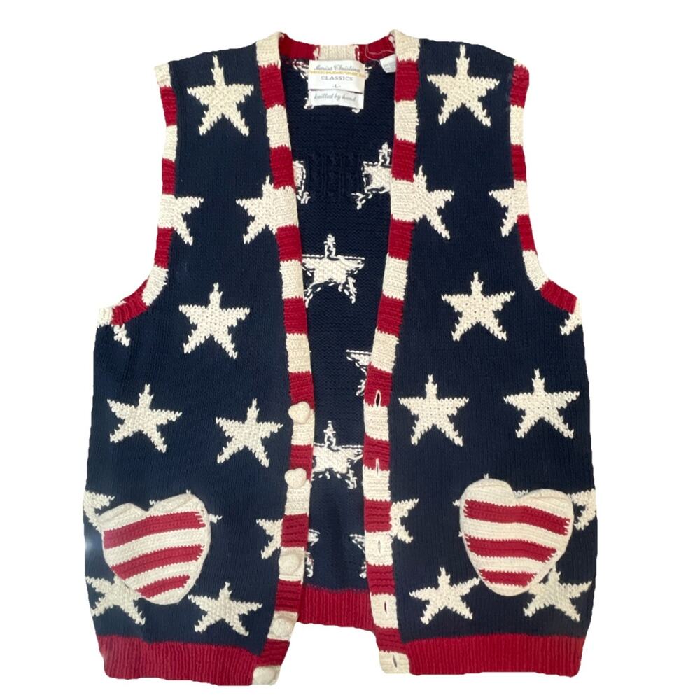 Marisa Christina Sweater Vest L Hand Knit Patriotic Flag‎ Red White Blue USA